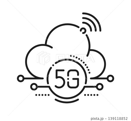 5G technology cloud computing and broadband line icon. Mobile signal transmission outline pictogram, 5G connection vector sign. Wireless communication symbol with cloud and computer motherboard trace 5G technology cloud computing and broadband line icon. Mobile signal transmission outline pictogram, 5G connection vector sign. Wireless communication symbol with cloud and computer motherboard trace 139118852