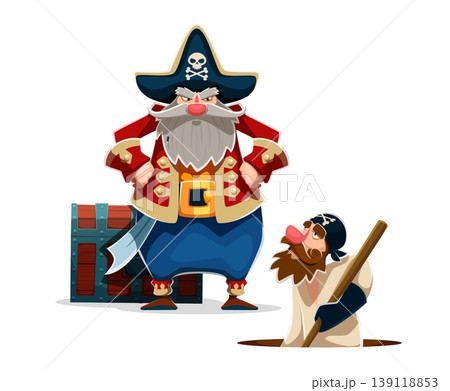 Cartoon pirate captain with treasure chest and the sailor digs hole for burying a treasure. Vector chief filibuster confidently standing alongside a seaman digging a hole to hide loot in wooden trunk 139118853