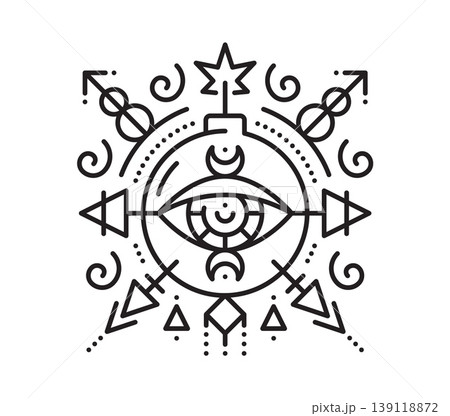 Pirate bomb esoteric line symbol. Pirate marine sacred lineart vector symbol, buccaneer esoteric outline print. Corsair nautical tarot thin line tattoo or sign with bomb explosion with burning wick 139118872