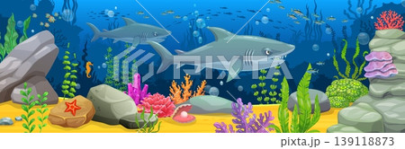 Underwater landscape game background with grey shark characters. Sea underwater vector landscape, ocean coral reef background with angry sharks cartoon character, seaweeds and corals, fish schools 139118873