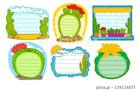 Cacti and succulent kids memo note frames. Desert prickly plant schedule vector sticker, cactus planner frame. Succulent scrapbook memo note with blooming cactuses, flowerpots on window and desert sky Cacti and succulent kids memo note frames. Desert prickly plant schedule vector sticker, cactus planner frame. Succulent scrapbook memo note with blooming cactuses, flowerpots on window and desert sky 139118875