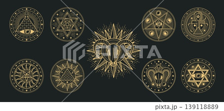 Mystical, magic and astrology occult symbols, vector esoteric tarot cards, alchemy or witch craft. Line art gold sun, moon and stars, occult demon skull, eye of providence and ankh symbols set 139118889