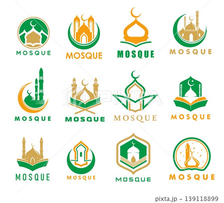 Ramadan Kareem holiday, muslim arabian mosque icons with islam quran books and domes vector silhouettes. Eid Mubarak, islamic architecture and arabic culture symbols of mosque dome, minarets and moon 139118899
