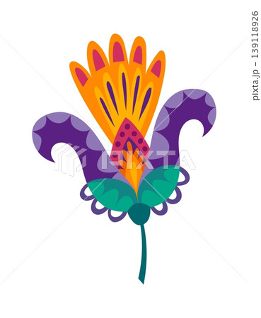 Mexican ethnic traditional spring flower object with big purple and orange bud. Hispanic flower decoration, Mexican folk colorful plant vector element. Latin American ethnic floral decor Mexican ethnic traditional spring flower object with big purple and orange bud. Hispanic flower decoration, Mexican folk colorful plant vector element. Latin American ethnic floral decor 139118926