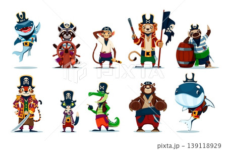 Cartoon animal pirate and corsair vector characters. Shark sailor, raccoon helmsman, crocodile boatswain and tiger animal captain pirate. Whale, lion and cat seaman, bear gunner and monkey cabin boy Cartoon animal pirate and corsair vector characters. Shark sailor, raccoon helmsman, crocodile boatswain and tiger animal captain pirate. Whale, lion and cat seaman, bear gunner and monkey cabin boy 139118929