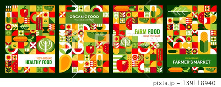 Organic food posters with modern geometric vegetables pattern. Bright vector pepper, corn, pea pods, tomato, wheat spikelet, asparagus, cabbage, lettuce, carrot and spinach for organic farm branding Organic food posters with modern geometric vegetables pattern. Bright vector pepper, corn, pea pods, tomato, wheat spikelet, asparagus, cabbage, lettuce, carrot and spinach for organic farm branding 139118940