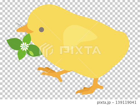 くちばしにハコベをくわえて逃げる、かわいいヒヨコのイラスト くちばしにハコベをくわえて逃げる、かわいいヒヨコのイラスト 139119041