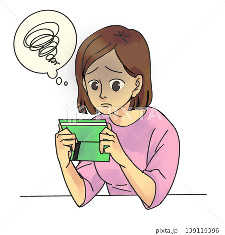 通帳の中身を見てがっかりする女性 139119396