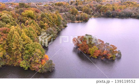 小野川湖の紅葉と小島の風景│秋のドローン空撮 139119552