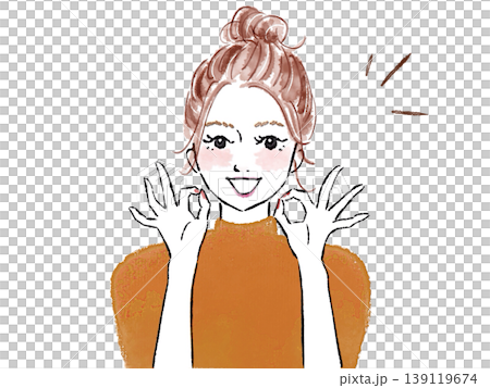 一個女人微笑著,給一個好的跡象 一個女人微笑著,給一個好的跡象 139119674