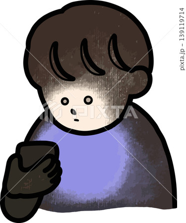 スマホを見る人のイラスト素材　SNS疲れ・スマホ依存　無表情　手書き風　現代人　白背景 139119714