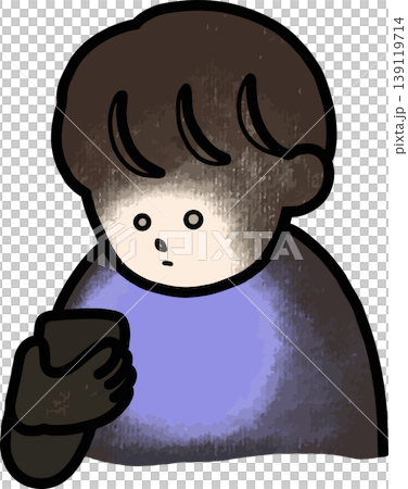 スマホを見る人のイラスト素材　SNS疲れ・スマホ依存　無表情　手書き風　現代人　白背景 139119714