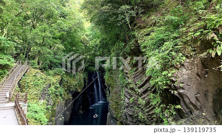 新緑の五ヶ瀬川渓谷に聳え立つ柱状節理の岩壁〈高千穂峡/宮崎県高千穂町〉 139119735
