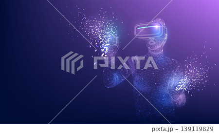 Concept of virtual reality technology. Woman wearing virtual reality headset connected to the virtual space. Vector illustration. 139119829