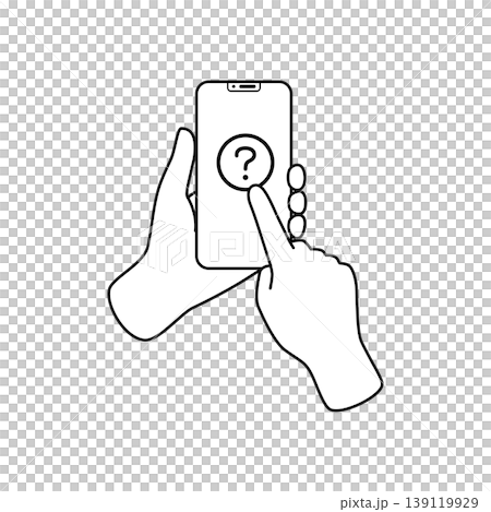 A line drawing illustration of tapping a question mark on a smartphone. 139119929