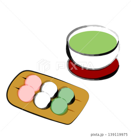 三色団子の和菓子と緑茶のイラスト 三色団子の和菓子と緑茶のイラスト 139119975