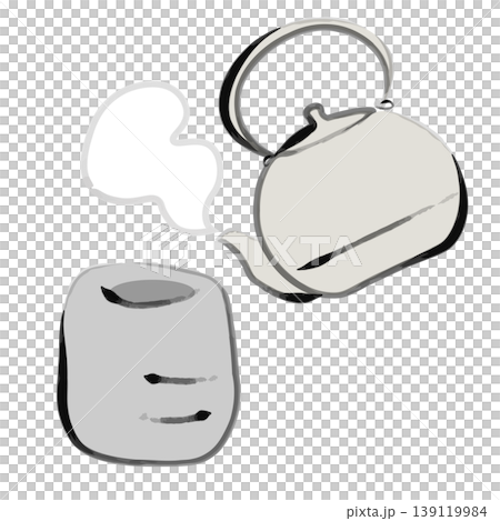 筆で描いたシンプルな和風湯呑みのお茶と急須のイラスト 139119984