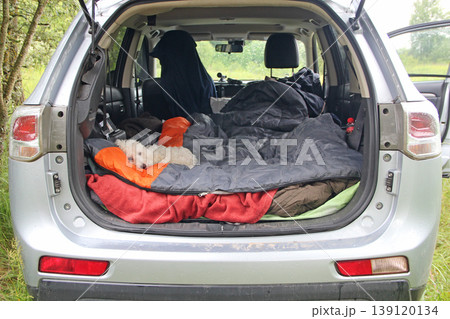 Dog sleeps in the trunk of car during trip to countryside. Maltipoo dog sleeping Dog sleeps in the trunk of car during trip to countryside. Maltipoo dog sleeping 139120134