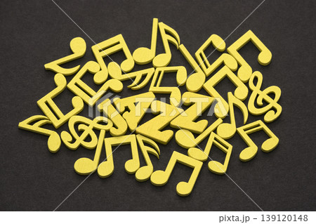Inscription jazz with yellow musical notes on black background Inscription jazz with yellow musical notes on black background 139120148