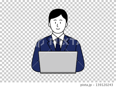 一幅插圖，描繪了一位身穿西裝的年輕男子微笑著使用電腦。 139120243