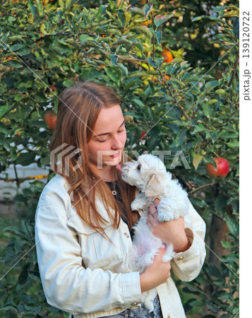 Young girl posing with Maltipoo puppy. Girl loving her pet.Stylish girl with dog Young girl posing with Maltipoo puppy. Girl loving her pet.Stylish girl with dog 139120722