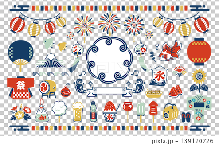 夏祭りのデザイン素材セット：和風の風物詩イラスト 139120726