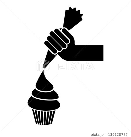 Piping cream onto pastry from pastry bag in hand icon black color vector illustration image flat style Piping cream onto pastry from pastry bag in hand icon black color vector illustration image flat style 139120785