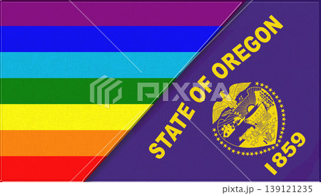 Flags of LGBT and Oregon. LGBT and Oregon official flags on fabric texture Flags of LGBT and Oregon. LGBT and Oregon official flags on fabric texture 139121235