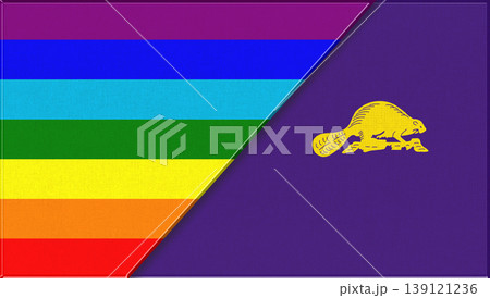 Flags of LGBT and Oregon. LGBT and Oregon official flags on fabric texture Flags of LGBT and Oregon. LGBT and Oregon official flags on fabric texture 139121236