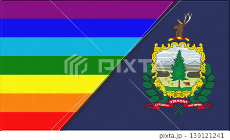 Flags of LGBT and Vermont. LGBT and Vermont official flags on fabric texture 139121241