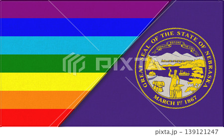 Flags of LGBT and Nebraska. LGBT and Nebraska. official flags on fabric texture 139121247