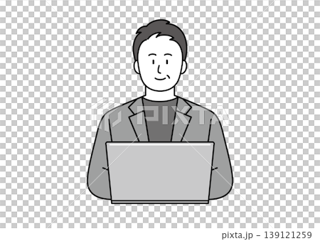 An illustration of a middle-aged man in a jacket using a computer with a smile. An illustration of a middle-aged man in a jacket using a computer with a smile. 139121259