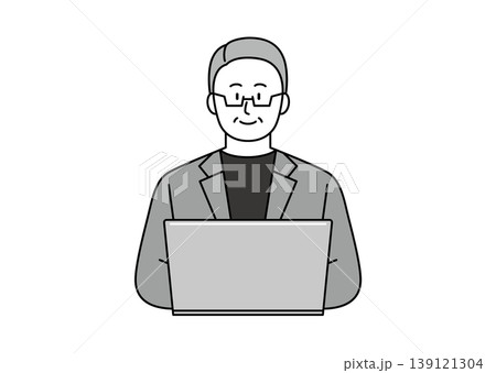 笑顔でパソコンを使うジャケット姿のシニア男性のイラスト 139121304