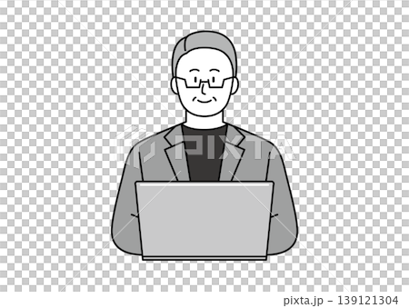 笑顔でパソコンを使うジャケット姿のシニア男性のイラスト 139121304