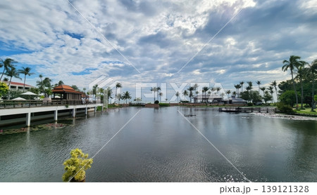 Luxury Tropical Resort Landscape with Pond and Palm Trees in Thailand 139121328