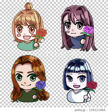 Color illustrations of four types of chibi girl characters holding roses Color illustrations of four types of chibi girl characters holding roses 139121469