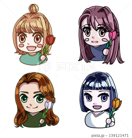 チューリップを持つ4タイプのちびキャラ女の子のカラーイラスト チューリップを持つ4タイプのちびキャラ女の子のカラーイラスト 139121471