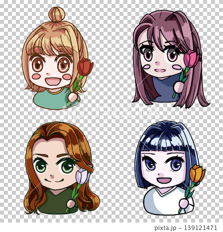 チューリップを持つ4タイプのちびキャラ女の子のカラーイラスト チューリップを持つ4タイプのちびキャラ女の子のカラーイラスト 139121471