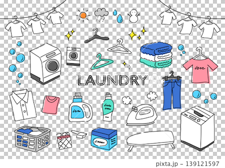 A set of hand-drawn illustrations related to laundry. A set of hand-drawn illustrations related to laundry. 139121597
