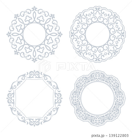Set of decorative frames Elegant vector element for design in Eastern style, place for text. Floral gray and white frames. Lace illustration for invitations and greeting cards Set of decorative frames Elegant vector element for design in Eastern style, place for text. Floral gray and white frames. Lace illustration for invitations and greeting cards 139122803