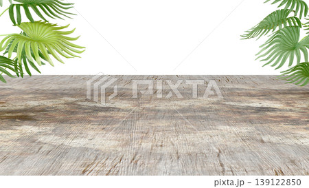 Three-dimensional isolate with wooden flooring in perspective and lush tropical leaves. Three-dimensional isolate with wooden flooring in perspective and lush tropical leaves. 139122850