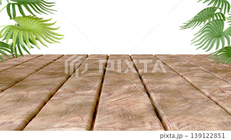 Three-dimensional isolate with wooden flooring in perspective and lush tropical leaves. Three-dimensional isolate with wooden flooring in perspective and lush tropical leaves. 139122851