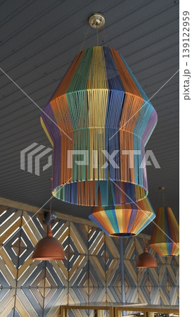 Large chandelier with a metal shade decorated with colored threads, lamp Large chandelier with a metal shade decorated with colored threads, lamp 139122959