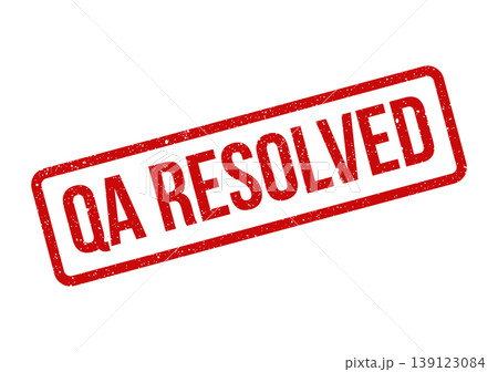Textured red ink impression with bold QA resolved status confirming successful problem solving and closure Textured red ink impression with bold QA resolved status confirming successful problem solving and closure 139123084