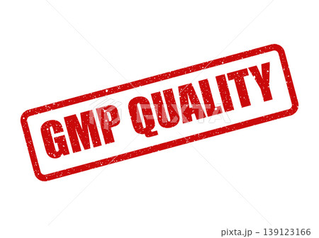 Textured red rectangular stamp with GMP QUALITY text highlighting adherence to industry standards 139123166