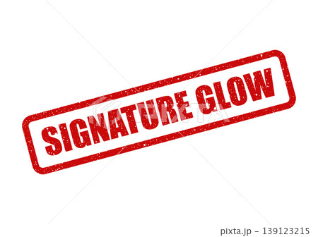 Textured red rubber stamp displaying SIGNATURE GLOW text, evoking vibrancy, radiance, or distinctive positive energy Textured red rubber stamp displaying SIGNATURE GLOW text, evoking vibrancy, radiance, or distinctive positive energy 139123215