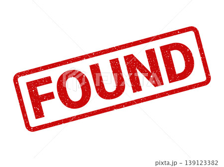 Textured red rubber stamp with the single word FOUND, indicating a successful discovery or retrieved item status 139123382