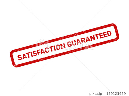 Textured rubber stamp impression showing SATISFACTION GUARANTEED within a rectangular border, conveying a strong promise Textured rubber stamp impression showing SATISFACTION GUARANTEED within a rectangular border, conveying a strong promise 139123439