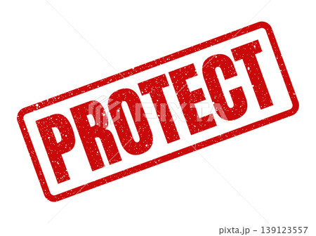 Vector graphic of a textured red protect rubber stamp for security notices and safety messages communication Vector graphic of a textured red protect rubber stamp for security notices and safety messages communication 139123557