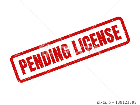 Vibrant red rectangular rubber stamp illustration with PENDING LICENSE phrase for official approval process 139123595
